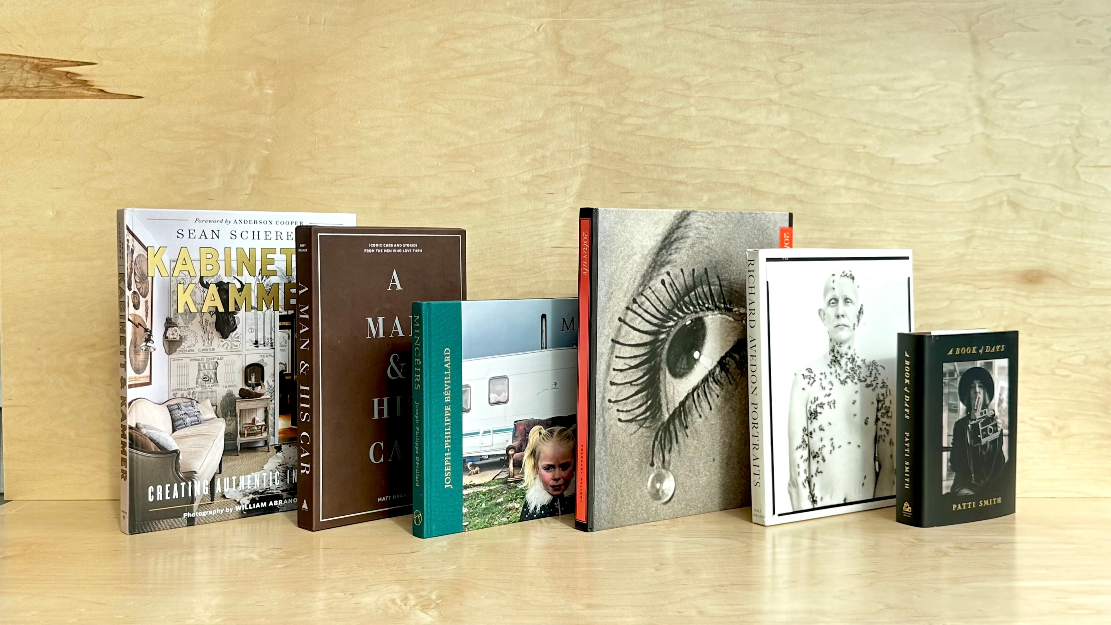 Line up of books, including Kabinett and Kammer, A Man and His Car, Mincéirs, Avedon Portraits, Patti Smith's Book of Days. 