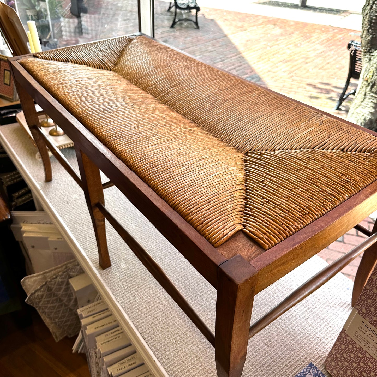 Honey Stained Bench with Rush Seat