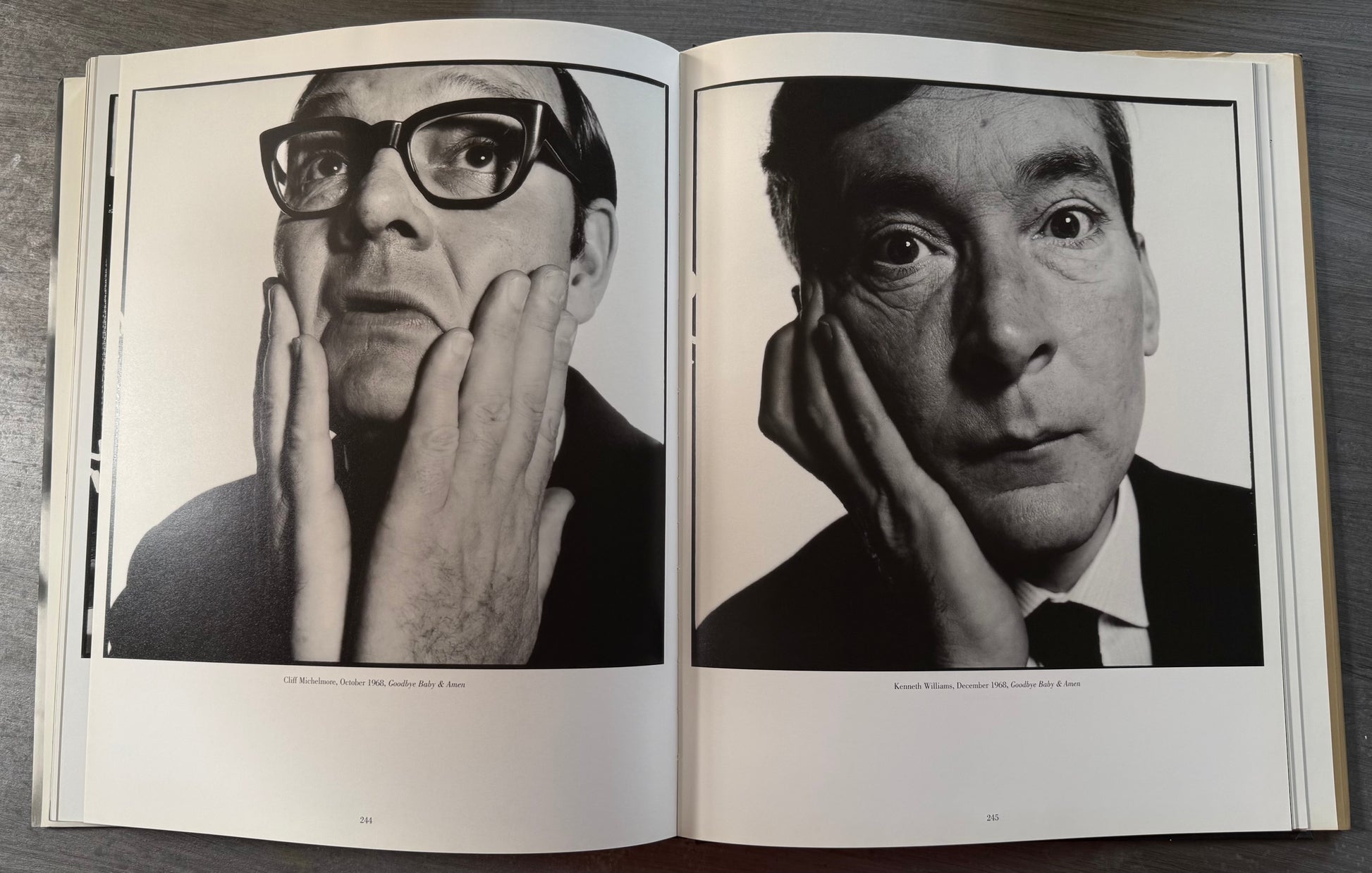 Double page spread of black and white portraits. 