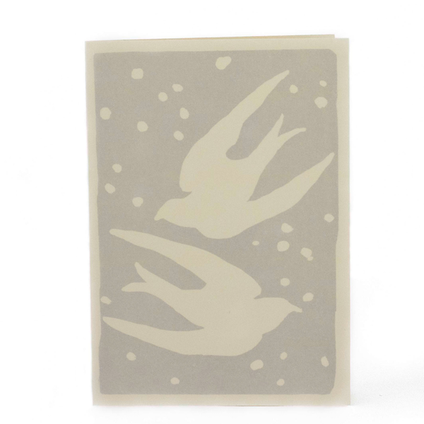 Greeting card with 2 birds and stars in grey ink