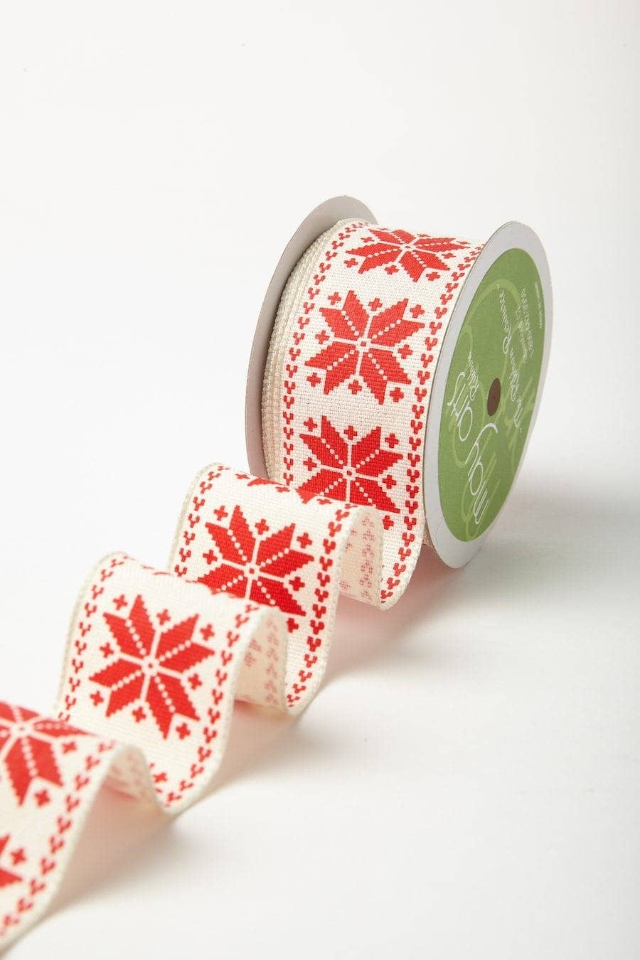 May Arts Ribbon - 1.5" Red Scandinavian-Inspired Snowflake Print Ribbon