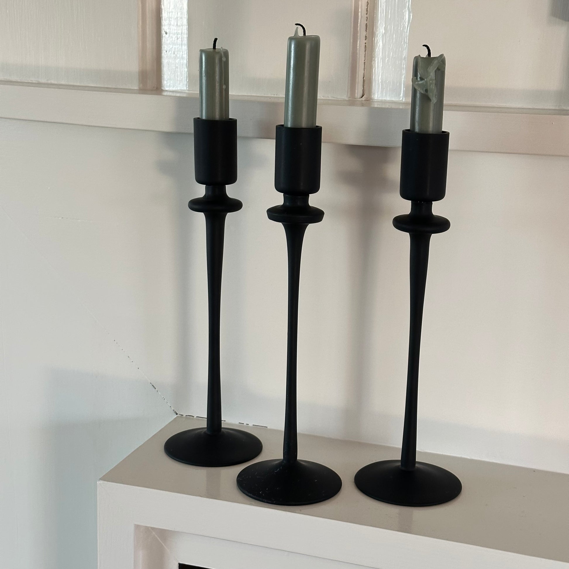 3 matte black glass candlesticks 